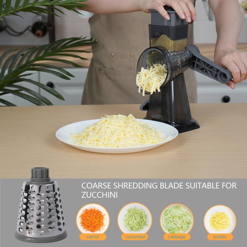 TiwisiTe Rotary Cheese Grater Multi-Purpose Stainless Steel Shredder- Cheese Grater With handle Effortless Grating of Vegetables, Nuts and Fruits,with Suction Base and Cleaning Brush (gray) - Image 3